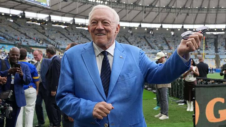 Dallas Cowboys owner Jerry Jones reacts during the 2026 NFL Rio Game against the Baltimore Ravens at Maracana Stadium.