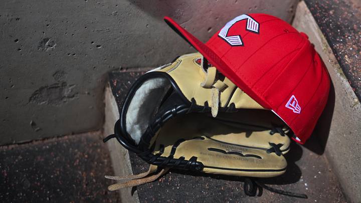 Apr 11, 2026; Cincinnati, Ohio, USA;  A view of an official Cincinnati Reds hat on the dugout steps during the game against the Los Angeles Angels at Great American Ball Park. Mandatory Credit: Aaron Doster-Imagn Images
