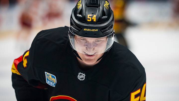 Oct 3, 2026; Vancouver, British Columbia, CAN;  Vancouver Canucks forward Aatu Raty (54) reacts during warm up prior to a game against the Calgary Flames at Rogers Arena.  Mandatory Credit: Bob Frid-Imagn Images