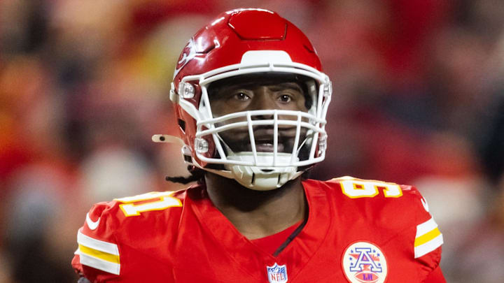Jan 26, 2025; Kansas City, MO, USA; Kansas City Chiefs defensive tackle Derrick Nnadi (91) against the Buffalo Bills in the AFC Championship game at GEHA Field at Arrowhead Stadium. Mandatory Credit: Mark J. Rebilas-Imagn Images