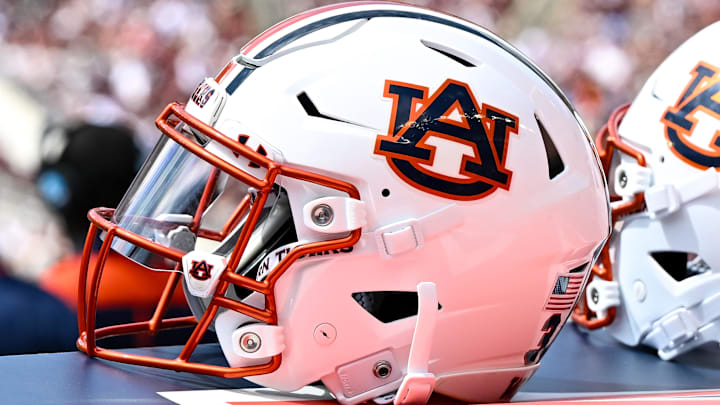 Sep 23, 2023; College Station, Texas, USA; A detailed view of an Auburn Tigers helmet on the sideline of the game against the Texas A&M Aggies at Kyle Field.