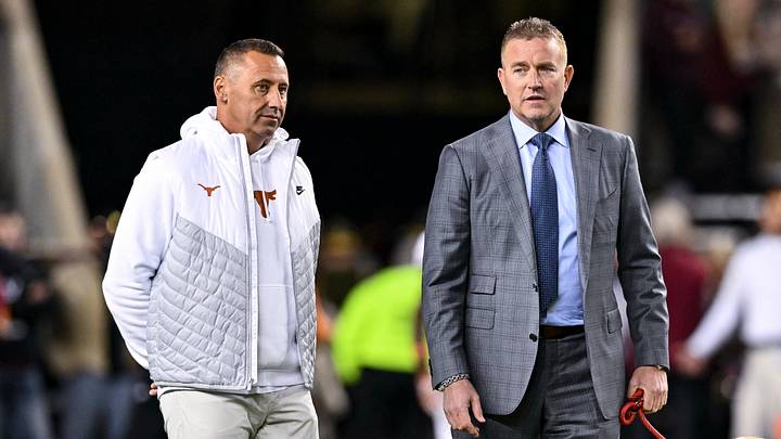 Nov 30, 2024; College Station, Texas, USA; Texas Longhorns head coach Steve Sarkisian and ESPN analyst Kirk Herbstreit