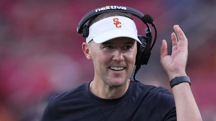 Sep 2, 2023; Los Angeles, California, USA; Southern California Trojans head coach Lincoln Riley reacts against the Nevada Wolf Pack  in the second half at United Airlines Field at Los Angeles Memorial Coliseum. Mandatory Credit: Kirby Lee-Imagn Images