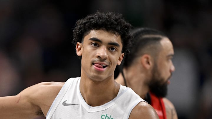 Feb 8, 2025; Dallas, Texas, USA; Dallas Mavericks guard Max Christie (00) celebrates after he makes a three point basket against the Houston Rockets during the second half at the American Airlines Center. Mandatory Credit: Jerome Miron-Imagn Images
