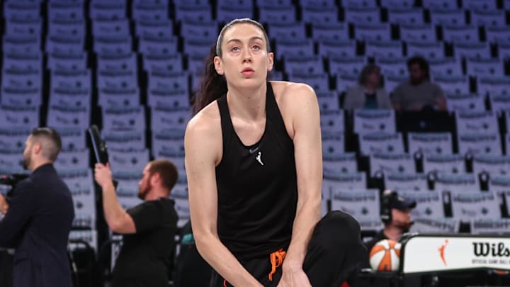 Sep 17, 2025; Brooklyn, New York, USA; New York Liberty forward Breanna Stewart (30) warms up prior to game two of round one for the 2025 WNBA Playoffs at Barclays Center. Mandatory Credit: Wendell Cruz-Imagn Images
