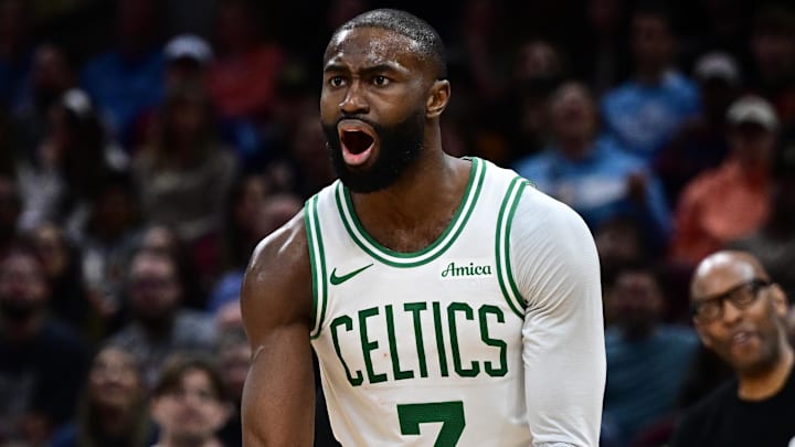 Nov 30, 2025; Cleveland, Ohio, USA; Boston Celtics guard Jaylen Brown (7) reacts after fouling Cleveland Cavaliers guard Donovan Mitchell (45) during the second half at Rocket Arena. Mandatory Credit: David Dermer-Imagn Images Nov 30, 2025; Cleveland, Ohio, USA; Boston Celtics guard Jaylen Brown (7) reacts after fouling Cleveland Cavaliers guard Donovan Mitchell (45) during the second half at Rocket Arena. Mandatory Credit: David Dermer-Imagn Images