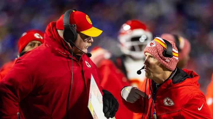 Jan 21, 2024; Orchard Park, New York, USA; Kansas City head coach Andy Reid (left) with defensive coordinator Steve Spagnuolo against the Buffalo Bills for the 2024 AFC divisional round game at Highmark Stadium. Mandatory Credit: Mark J. Rebilas-Imagn Images