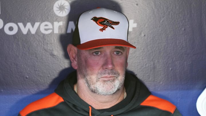Mar 27, 2025; Toronto, Ontario, CAN; Baltimore Orioles manager Brandon Hyde (18) speaks with the media during batting practice before the opening day game of the Toronto Blue Jays at Rogers Centre. Mandatory Credit: Nick Turchiaro-Imagn Images Mar 27, 2025; Toronto, Ontario, CAN; Baltimore Orioles manager Brandon Hyde (18) speaks with the media during batting practice before the opening day game of the Toronto Blue Jays at Rogers Centre. Mandatory Credit: Nick Turchiaro-Imagn Images
