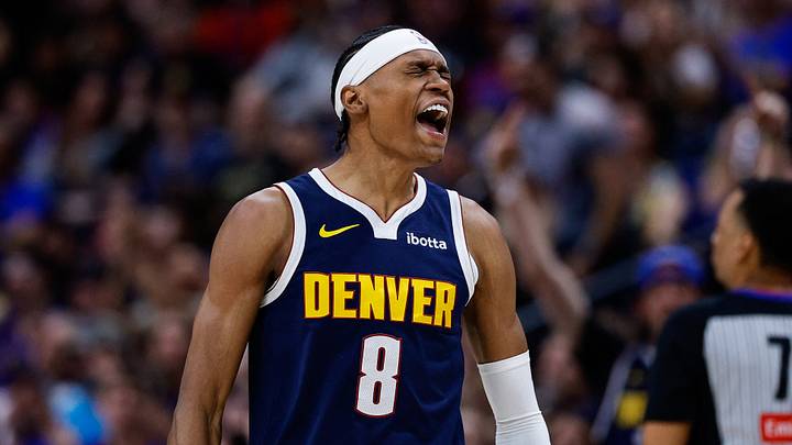 Mar 25, 2026; Denver, Colorado, USA; Denver Nuggets guard Peyton Watson (8) reacts after a play in the fourth quarter against the Dallas Mavericks at Ball Arena. Mandatory Credit: Isaiah J. Downing-Imagn Images