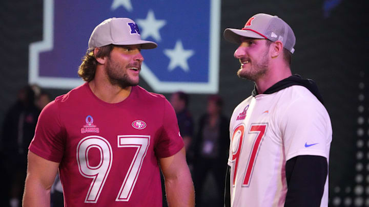 San Francisco 49ers defensive end Nick Bosa with brother and Los Angeles Chargers defensive end Joey Bosa during the Pro Bowl Skills Challenge.