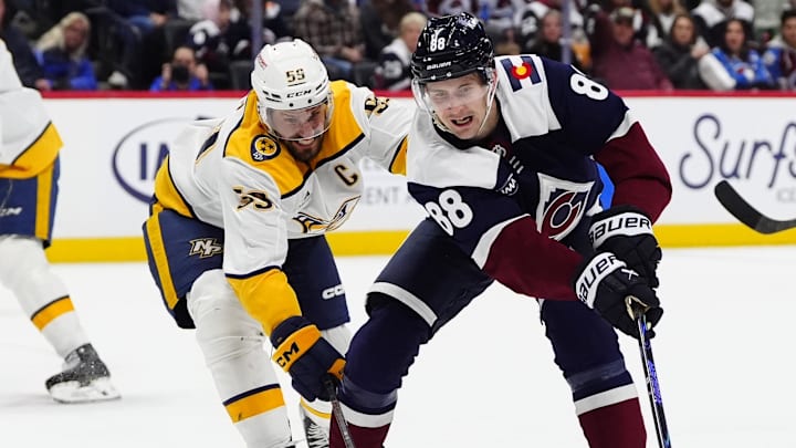 Jan 16, 2026; Denver, Colorado, USA; Nashville Predators defenseman Roman Josi (59) and Colorado Avalanche center Martin Necas (88) battle for control of the puck in the second period at Ball Arena. Mandatory Credit: Ron Chenoy-Imagn Images Jan 16, 2026; Denver, Colorado, USA; Nashville Predators defenseman Roman Josi (59) and Colorado Avalanche center Martin Necas (88) battle for control of the puck in the second period at Ball Arena. Mandatory Credit: Ron Chenoy-Imagn Images