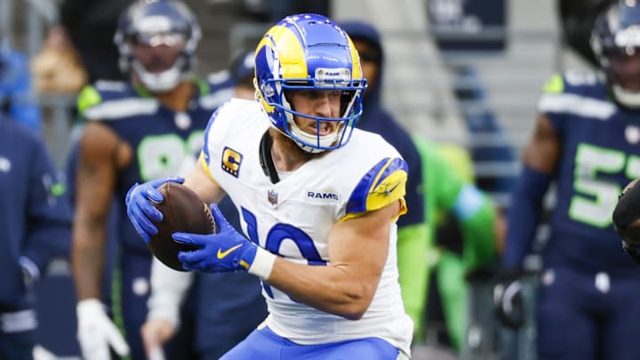 Nov 3, 2024; Seattle, Washington, USA; Los Angeles Rams wide receiver Cooper Kupp (10) catches a pass against the Seattle Seahawks during the first quarter at Lumen Field. Mandatory Credit: Joe Nicholson-Imagn Images