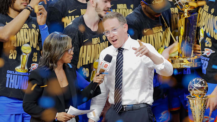 Jun 22, 2025; Oklahoma City, Oklahoma, USA; Oklahoma City Thunder general manager Sam Presti speaks during the championship ceremony after his team defeated the Indiana Pacers in game seven of the 2025 NBA Finals at Paycom Center. Mandatory Credit: Alonzo Adams-Imagn Images Jun 22, 2025; Oklahoma City, Oklahoma, USA; Oklahoma City Thunder general manager Sam Presti speaks during the championship ceremony after his team defeated the Indiana Pacers in game seven of the 2025 NBA Finals at Paycom Center. Mandatory Credit: Alonzo Adams-Imagn Images