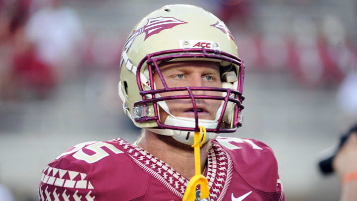 Sep 6, 2014; Tallahassee, FL, USA; Florida State Seminoles tight end Nick O'Leary (35) warms up before the game against the Citadel Bulldogs at Doak Campbell Stadium. Mandatory Credit: Melina Vastola-Imagn Images