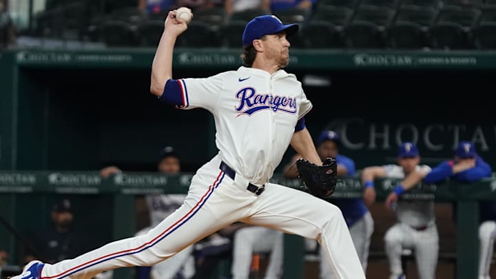 May 15, 2025; Arlington, Texas, USA; Texas Rangers pitcher Jacob deGrom (48) throws to the plate during the first inning against the Houston Astros at Globe Life Field. 