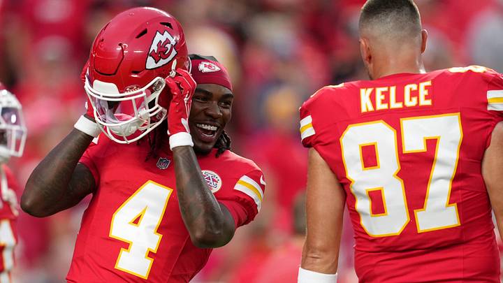 Sep 20, 2026; Kansas City, Missouri, USA; Kansas City Chiefs wide receiver Rashee Rice (4) speaks with tight end Travis Kelce (87) during warmups prior to the game against the Indianapolis Colts at GEHA Field at Arrowhead Stadium. Mandatory Credit: Jay Biggerstaff-Imagn Images Sep 20, 2026; Kansas City, Missouri, USA; Kansas City Chiefs wide receiver Rashee Rice (4) speaks with tight end Travis Kelce (87) during warmups prior to the game against the Indianapolis Colts at GEHA Field at Arrowhead Stadium. Mandatory Credit: Jay Biggerstaff-Imagn Images