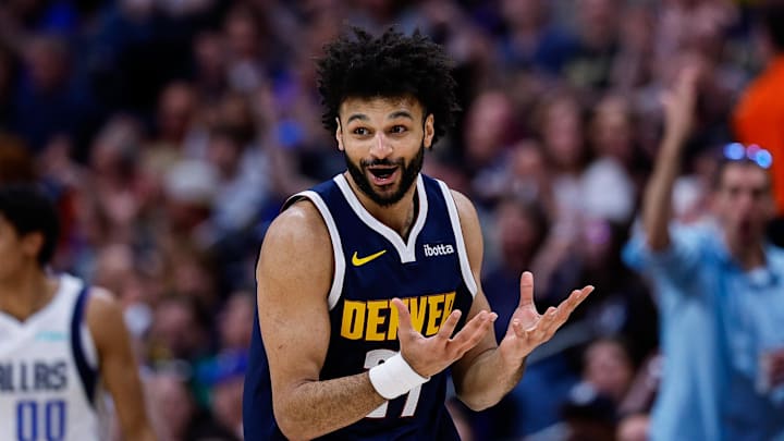 Mar 25, 2026; Denver, Colorado, USA; Denver Nuggets guard Jamal Murray (27) reacts after a play in the third quarter against the Dallas Mavericks at Ball Arena.