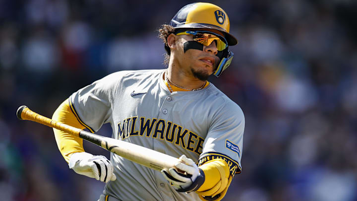 May 3, 2024; Chicago, Illinois, USA; Milwaukee Brewers catcher William Contreras (24) runs to first