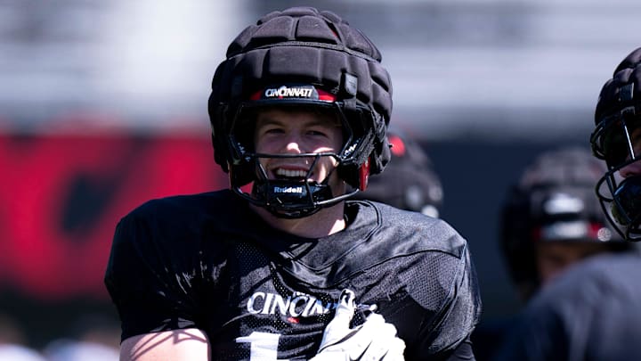 Cincinnati Bearcats linebacker Jake Golday (11) smiles during the Cincinnati Bearcats football spring practice at Nippert Stadium on Saturday, April 12, 2025.