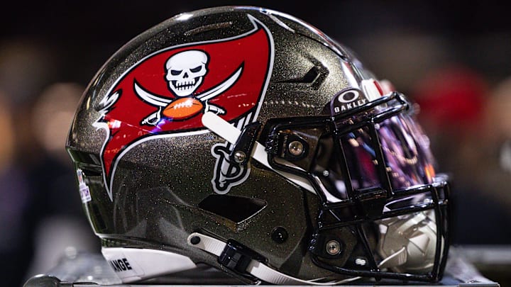 Oct 13, 2024; New Orleans, Louisiana, USA;  Detailed view of the Tampa Bay Buccaneers helmet against the New Orleans Saints during the first half at Caesars Superdome. Mandatory Credit: Stephen Lew-Imagn Images
