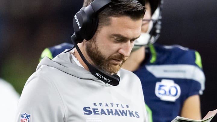 Sep 25, 2025; Glendale, Arizona, USA; Seattle Seahawks quarterbacks coach Andrew Janocko against the Arizona Cardinals at State Farm Stadium. Mandatory Credit: Mark J. Rebilas-Imagn Images Sep 25, 2025; Glendale, Arizona, USA; Seattle Seahawks quarterbacks coach Andrew Janocko against the Arizona Cardinals at State Farm Stadium. Mandatory Credit: Mark J. Rebilas-Imagn Images