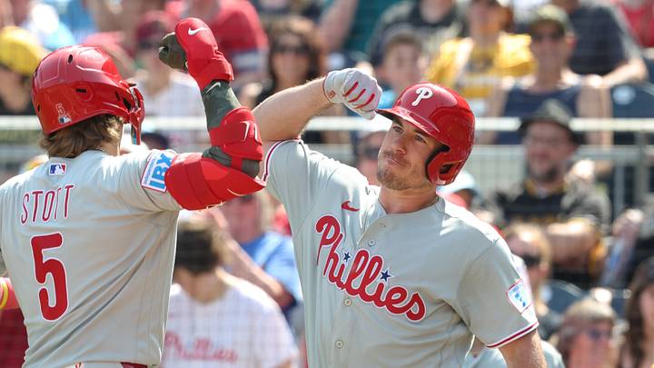 May 17, 2026; Pittsburgh, Pennsylvania, USA; Philadelphia Phillies catcher J.T. Realmuto (right) greets second baseman Bryson Stott (5) crossing home plate on a solo home run against the Pittsburgh Pirates during the eighth inning at PNC Park. May 17, 2026; Pittsburgh, Pennsylvania, USA; Philadelphia Phillies catcher J.T. Realmuto (right) greets second baseman Bryson Stott (5) crossing home plate on a solo home run against the Pittsburgh Pirates during the eighth inning at PNC Park.