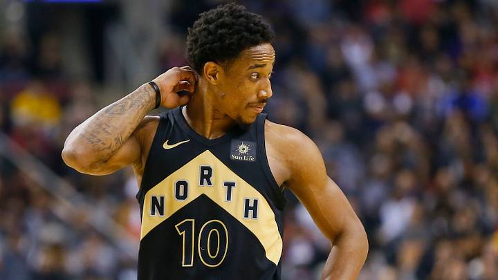 Jan 28, 2018; Toronto, Ontario, CAN; Toronto Raptors guard DeMar DeRozan (10) reacts after a play against the Los Angeles Lakers during the first half at the Air Canada Centre. Mandatory Credit: John E. Sokolowski-USA TODAY Sports Jan 28, 2018; Toronto, Ontario, CAN; Toronto Raptors guard DeMar DeRozan (10) reacts after a play against the Los Angeles Lakers during the first half at the Air Canada Centre. Mandatory Credit: John E. Sokolowski-USA TODAY Sports