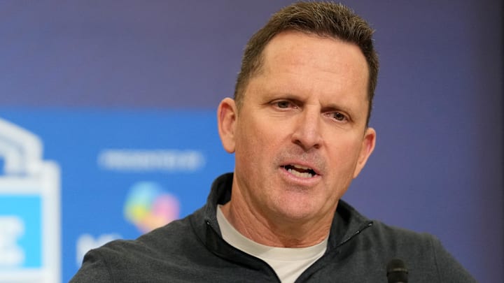 Feb 24, 2026; Indianapolis, IN, USA; Denver Broncos general manager George Paton speaks at the NFL Scouting Combine at the Indiana Convention Center. Mandatory Credit: Kirby Lee-Imagn Images