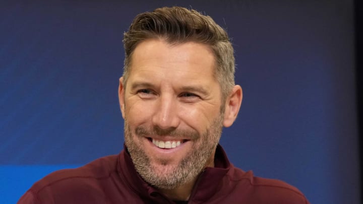 Feb 25, 2025; Indianapolis, IN, USA; Washington Commanders general manager Adam Peters speaks during the NFL Scouting Combine at the Indiana Convention Center. Mandatory Credit: Kirby Lee-Imagn Images