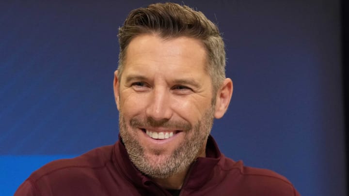 Feb 25, 2025; Indianapolis, IN, USA; Washington Commanders general manager Adam Peters speaks during the NFL Scouting Combine at the Indiana Convention Center. Mandatory Credit: Kirby Lee-Imagn Images