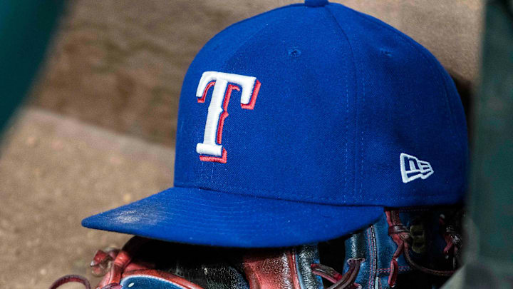 A view of a Texas Rangers baseball hat A view of a Texas Rangers baseball hat