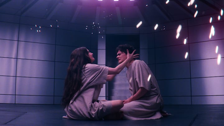 (L-R) Agatha Harkness (Kathryn Hahn) and Billy Maximoff (Joe Locke) in Marvel Television's AGATHA ALL ALONG, exclusively on Disney+. 