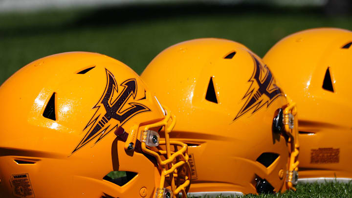 March 30, 2022;  Tempe, AZ, USA; ASU helmets during a practice at Kajikawa Practice fields.

Football Asu Fb