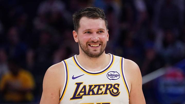Feb 28, 2026; San Francisco, California, USA; Los Angeles Lakers forward/guard Luka Doncic (77) smiles during a break in the action against the Golden State Warriors in the third period at Chase Center. Mandatory Credit: David Gonzales-Imagn Images Feb 28, 2026; San Francisco, California, USA; Los Angeles Lakers forward/guard Luka Doncic (77) smiles during a break in the action against the Golden State Warriors in the third period at Chase Center. Mandatory Credit: David Gonzales-Imagn Images