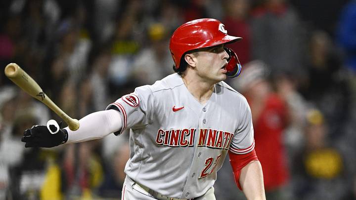 Jun 9, 2026; San Diego, California, USA; Cincinnati Reds first baseman Sal Stewart (27) hits a two-run home run during the 11th inning against the San Diego Padres at Petco Park. Mandatory Credit: Denis Poroy-Imagn Images