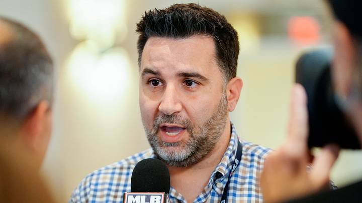 Nov 9, 2022; Las Vegas, NV, USA; Atlanta Braves general manager Alex Anthopoulos answers questions from the media during the MLB GM Meetings at The Conrad Las Vegas. Mandatory Credit: Lucas Peltier-USA TODAY Sports