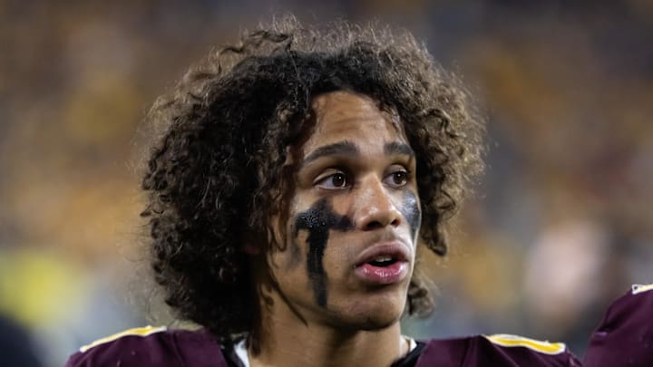 Nov 28, 2025; Tempe, Arizona, USA; Arizona State Sun Devils wide receiver Jordyn Tyson (0) against the Arizona Wildcats during the 99th Territorial Cup at Mountain America Stadium. Mandatory Credit: Mark J. Rebilas-Imagn Images