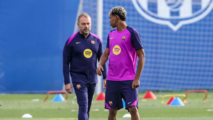 Hansi Flick, Lamine Yamal, FC Barcelona Training Session Hansi Flick, Lamine Yamal, FC Barcelona Training Session