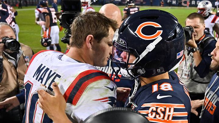 New England Patriots quarterback Drake Maye, left, greets Chicago Bears quarterback Caleb Williams. New England Patriots quarterback Drake Maye, left, greets Chicago Bears quarterback Caleb Williams.