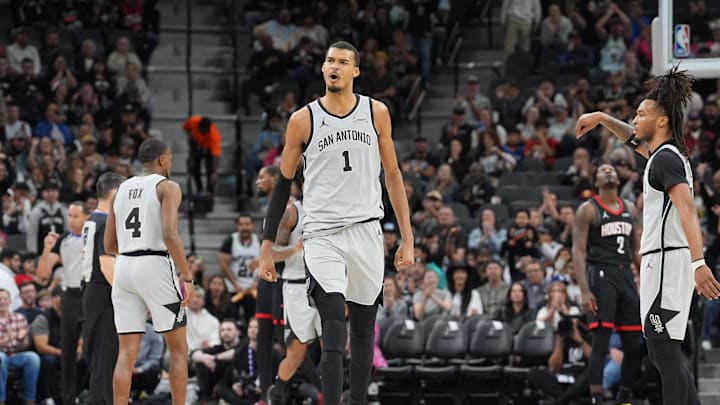 Mar 8, 2026; San Antonio, Texas, USA;  San Antonio Spurs forward Victor Wembanyama (1) reacts in the first half against the Houston Rockets at Frost Bank Center. Mandatory Credit: Daniel Dunn-Imagn Images
