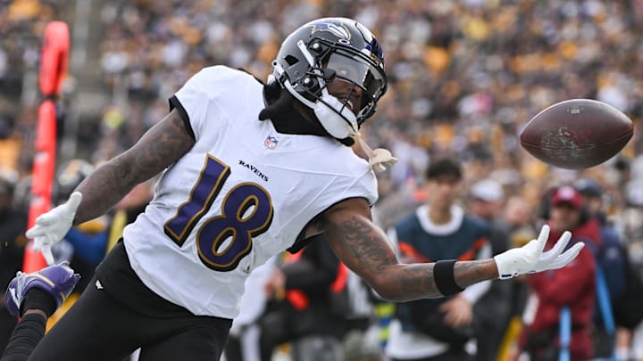 Nov 17, 2024; Pittsburgh, Pennsylvania, USA; Baltimore Ravens wide receiver Diontae Johnson (18) reaches for an incomplete pass against the Pittsburgh Steelers during the first quarter at Acrisure Stadium. Mandatory Credit: Barry Reeger-Imagn Images