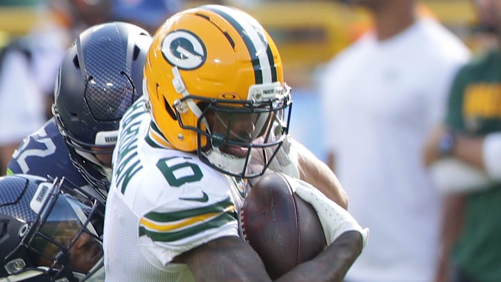 Green Bay Packers wide receiver Mecole Hardman (6) is tackled after running the ball against the Seahawks. Green Bay Packers wide receiver Mecole Hardman (6) is tackled after running the ball against the Seahawks.
