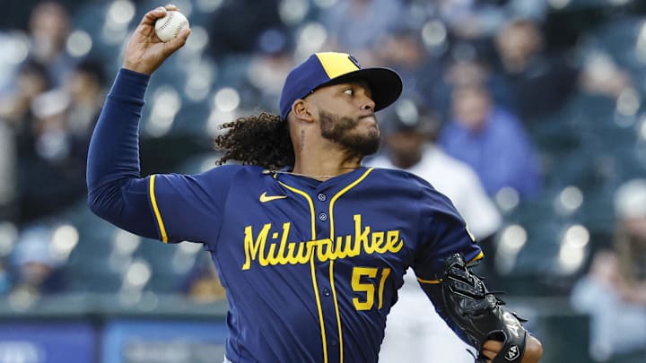 Apr 29, 2025; Chicago, Illinois, USA; Milwaukee Brewers starting pitcher Freddy Peralta (51) delivers a pitch against the Chicago White Sox during the first inning at Rate Field. 
