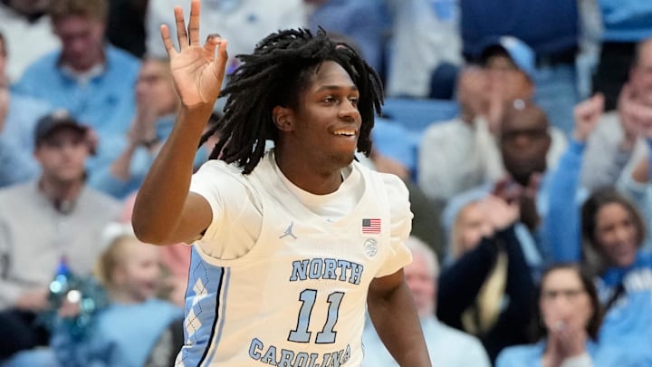 North Carolina Tar Heels guard Ian Jackson (11) reacts after hitting a three point shot in the first half at Dean E. Smith Center. 