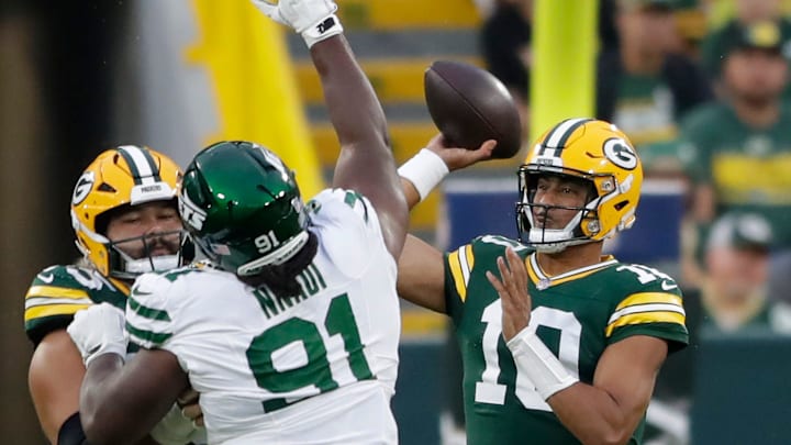 Green Bay Packers quarterback Jordan Love throws a pass against the Jets on Saturday night.