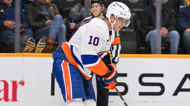 Oct 27, 2026; Nashville, Tennessee, USA; New York Islanders center Brayden Schenn (10) celebrates his goal against the Nashville Predators during the first period at Bridgestone Arena. Mandatory Credit: Steve Roberts-Imagn Images Oct 27, 2026; Nashville, Tennessee, USA; New York Islanders center Brayden Schenn (10) celebrates his goal against the Nashville Predators during the first period at Bridgestone Arena. Mandatory Credit: Steve Roberts-Imagn Images