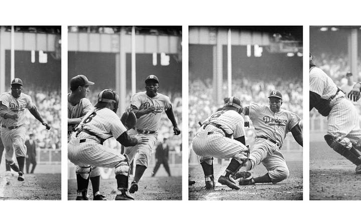 Secuencia de Jackie Robinson (42), de los Brooklyn Dodgers, robándose el plato ante Yogi Berra (8), de los New York Yankees en el octavo inning en Yankee Stadium. Safe en home después de robarse la base en el Juego 1. Secuencia de Jackie Robinson (42), de los Brooklyn Dodgers, robándose el plato ante Yogi Berra (8), de los New York Yankees en el octavo inning en Yankee Stadium. Safe en home después de robarse la base en el Juego 1.
