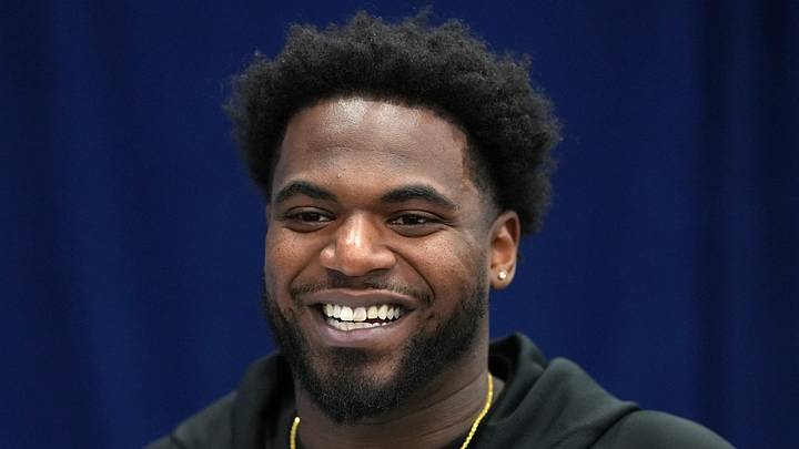 Feb 25, 2026; Indianapolis, IN, USA;  Western Michigan defensive lineman Nadame Tucker (DL61) speaks during the NFL Scouting Combine at the Indiana Convention Center. Mandatory Credit: Kirby Lee-Imagn Images
