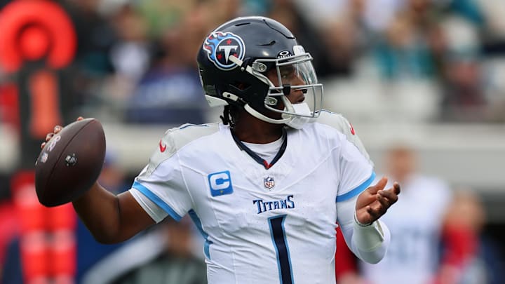 Jan 4, 2026; Jacksonville, Florida, USA; Tennessee Titans quarterback Cam Ward (1) throws a pass against the Jacksonville Jaguars during the first quarter at EverBank Stadium. Mandatory Credit: Morgan Tencza-Imagn Images