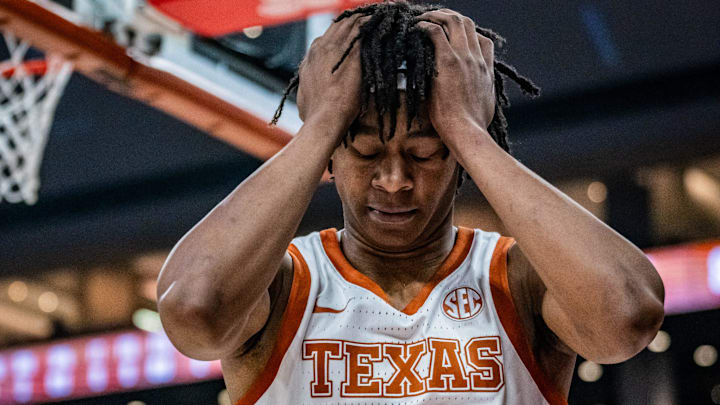 Texas Longhorns guard Tre Johnson reacts to a missed shot in a 78-70 loss to the Arkansas Razorbacks at the Moody Center, Feb. 5. Johnson, the SEC's leading scorer, made only 6-of-22 shots against the Hogs.